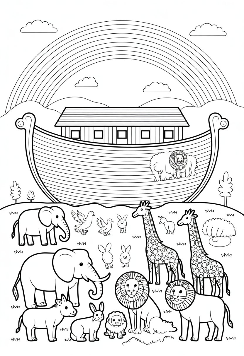 Christian Coloring Pages for Kids: 20 Inspirational Designs to Inspire Faith 25 A large wooden ark with pairs of animals standing around it, hills and clouds in the background, and a rainbow overhead.